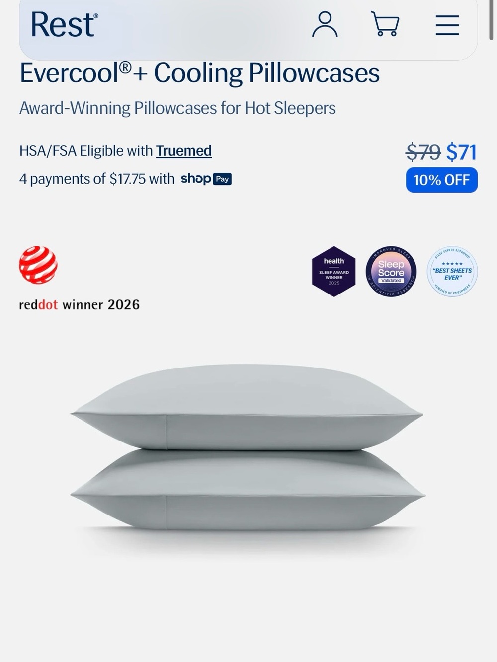 Rest Evercool®+ Cooling Pillowcases — Light Gray